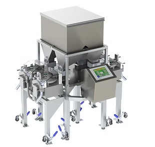 A food processing machine with a hopper, display screen, and various dispensing mechanisms, set in a factory.