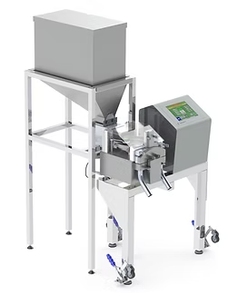 Industrial weighing machine with hopper, control panel, and dispensing outlets. Stainless steel frame.