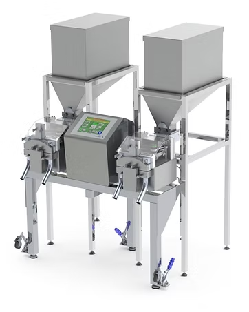 Industrial weighing and filling machine with two hoppers and control panel.