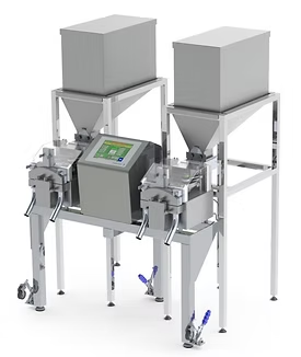 Industrial dual-hopper weighing machine with touchscreen interface, stainless steel construction.