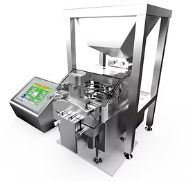Industrial pill filling machine with touchscreen display. Stainless steel construction.