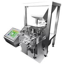 Stainless steel automated pharmaceutical tablet packaging machine with touchscreen control panel.