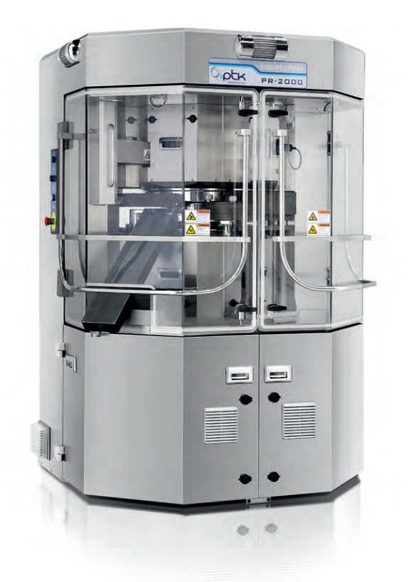 Pill press machine with two hoppers, stainless steel, clear panels, and a central control column.