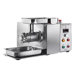 Stainless steel oil press machine with tray, funnel, and control panel.