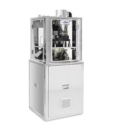 Tablet press machine, stainless steel, enclosed with clear panels.