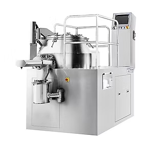Stainless steel pharmaceutical processing machine with control panel.