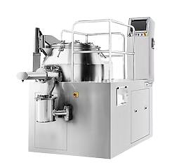 Stainless steel industrial mixing machine with control panel.