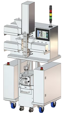Automated packaging machine on wheels with multiple trays, touch screen, and light tower.