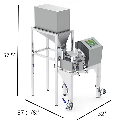 Industrial food-weighing machine: stainless steel structure, hopper, digital display. Dimensions: 57.5