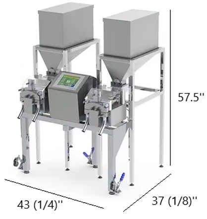 Stainless steel industrial weighing machine with two hoppers, control panel, and dimensions labeled.