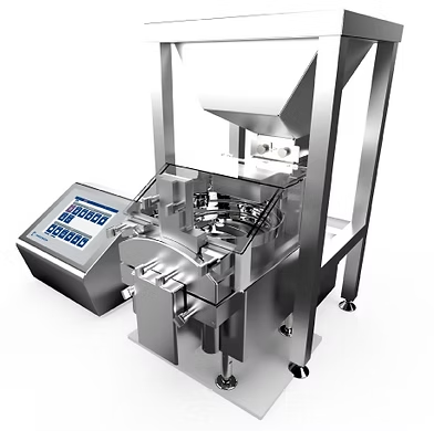 Stainless steel automated packaging machine with control panel.