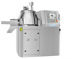 Industrial mixing machine, stainless steel, with touchscreen control panel and funnel.