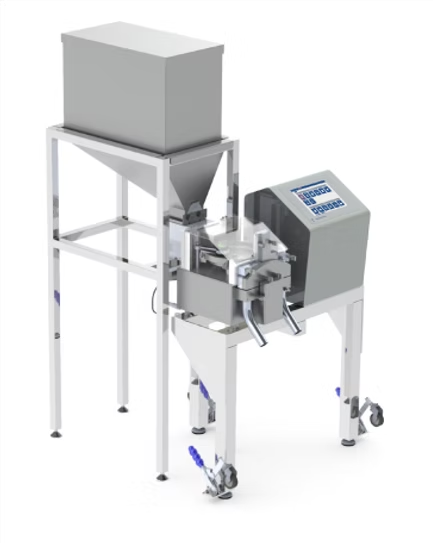 Industrial weighing and filling machine, with hopper, control panel, and supporting frame.