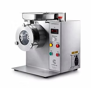 Stainless steel food extruder machine with control panel.
