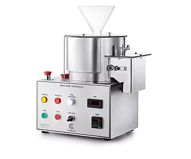 Stainless steel grain milling machine with controls, hopper, and digital displays.