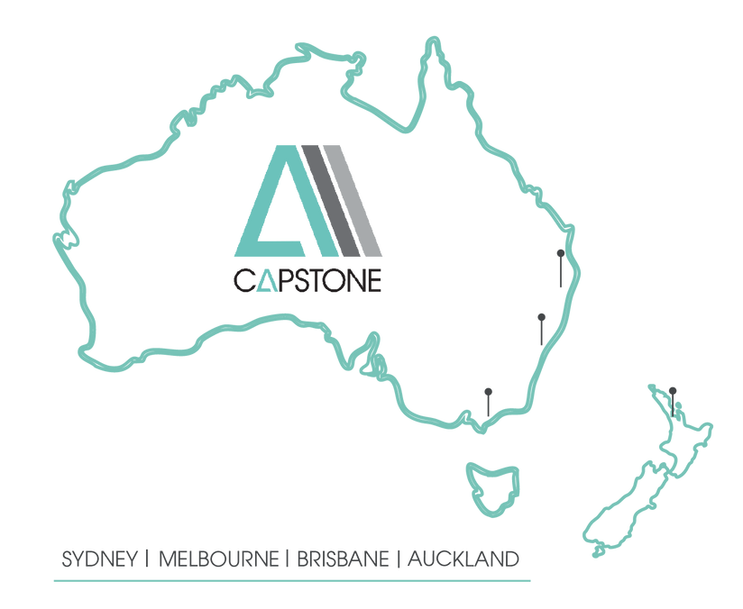 Map of Australia and New Zealand with locations of Capstone offices marked, and their logo above.