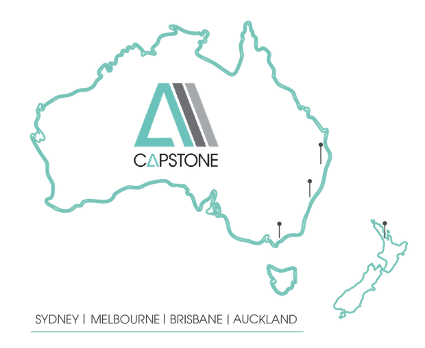 Map of Australia and New Zealand with locations of Capstone offices marked, and their logo above.