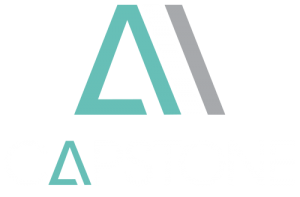 A logo with a triangle and a arrow on a white background.