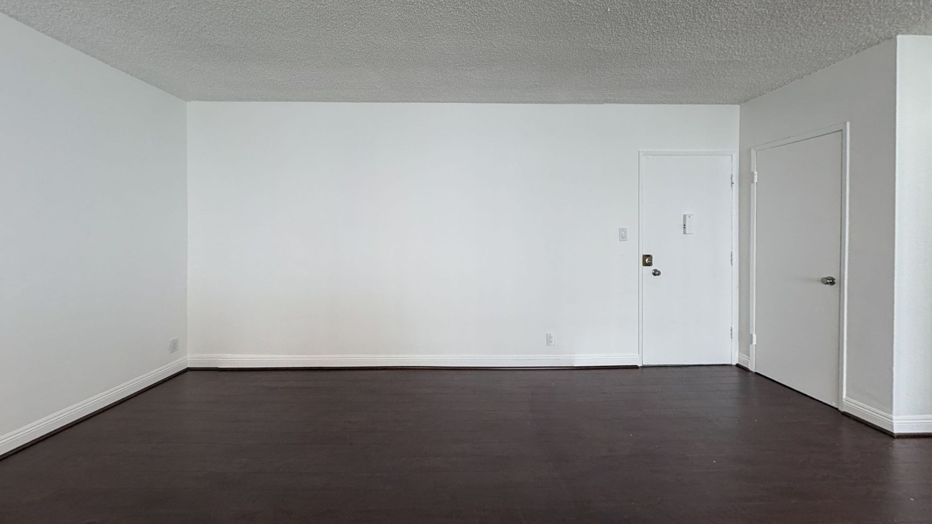 Empty room with dark wood floor, white walls and ceiling, and a closed door.