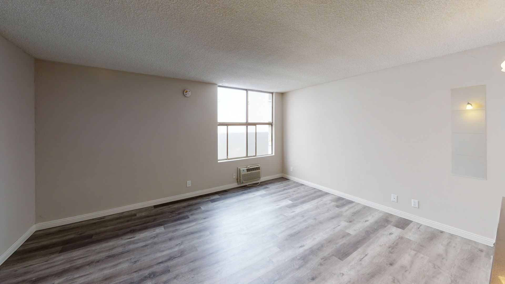 Empty room with light gray walls, window, and gray wood-look flooring.