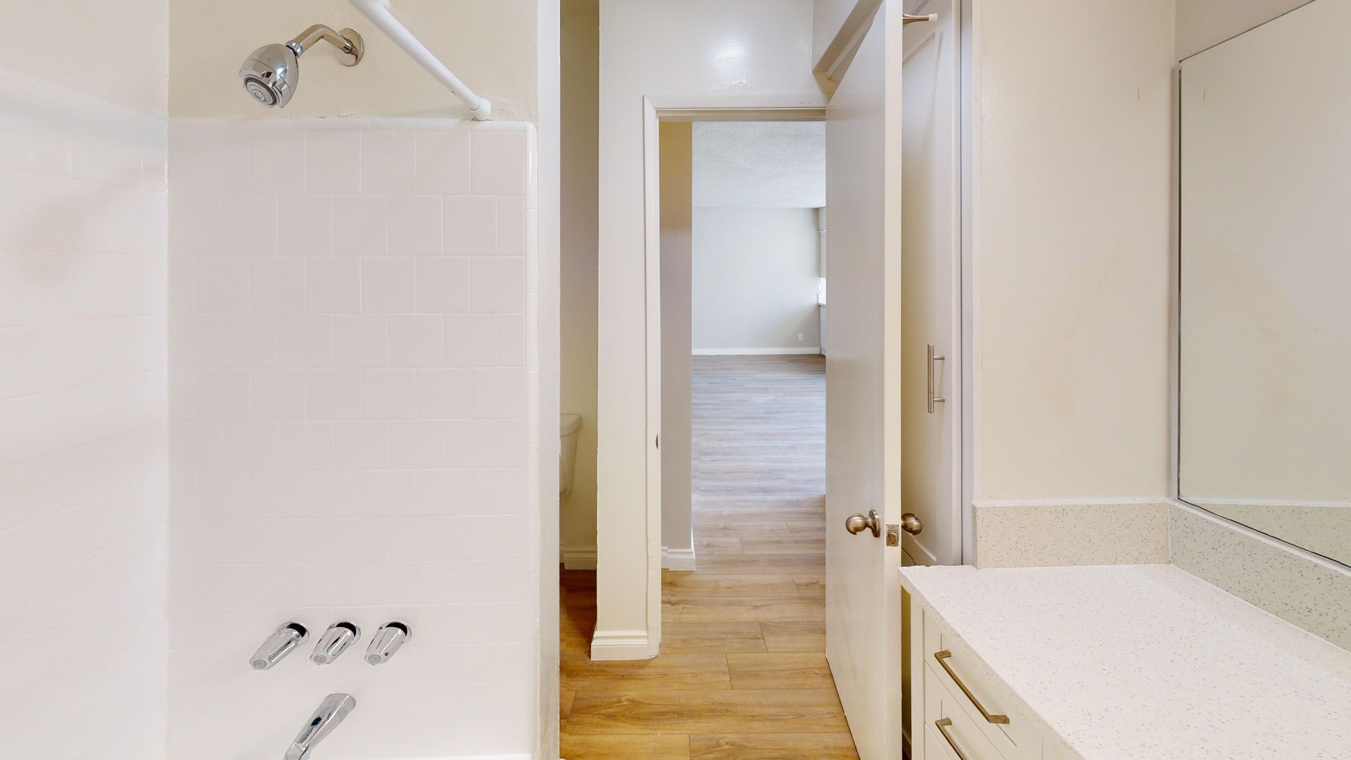 Bathroom with white shower and vanity, open doorway to a room with wood flooring.