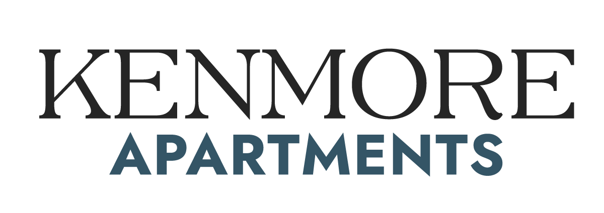 Kenmore Apartments logo. Text in black: KENMORE. Text in teal: APARTMENTS.