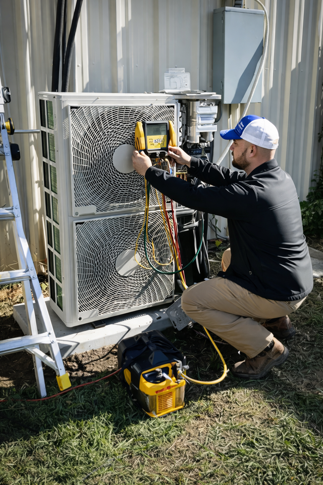 A technician kneels outdoors, using a digital manifold gauge to service an air conditioning unit.