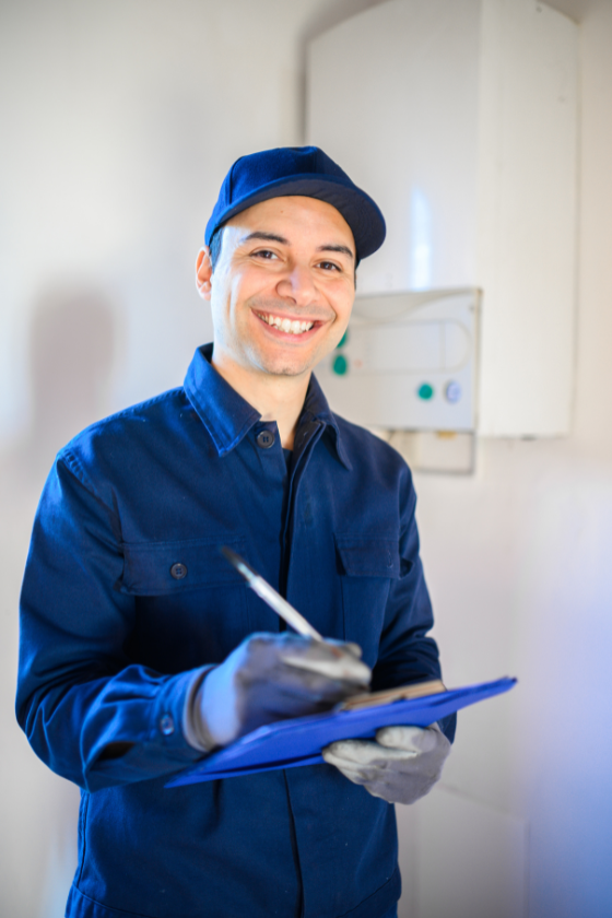 A man is smiling while holding a clipboard and a pen.