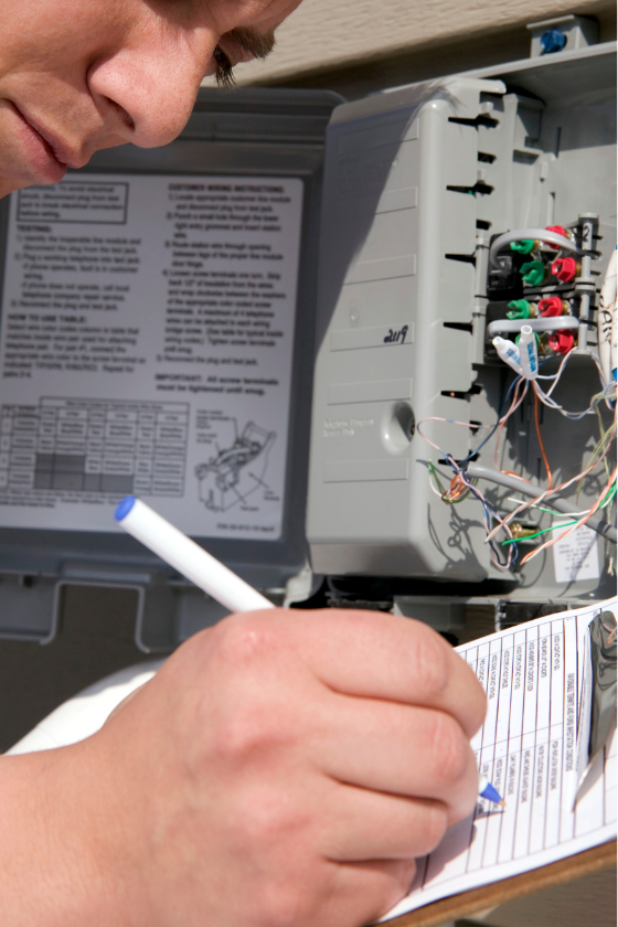 A man is writing on a clipboard in front of an electrical box