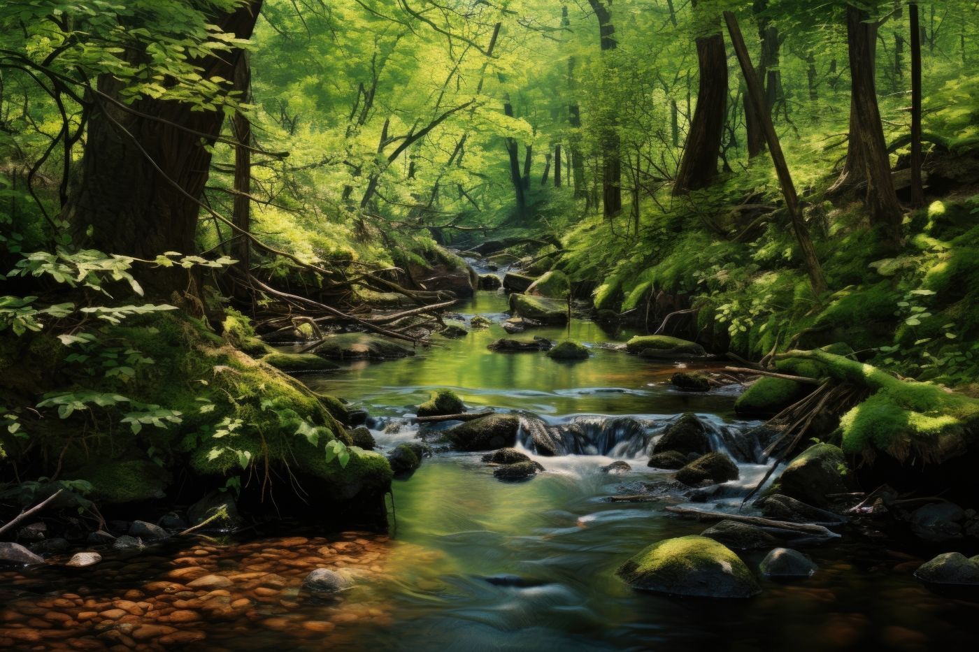 Een rivier die door een weelderig groen bos stroomt