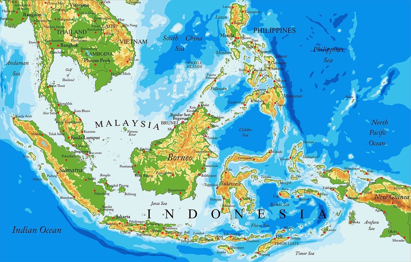 een kaart van Indonesië wordt weergegeven op een blauwe achtergrond