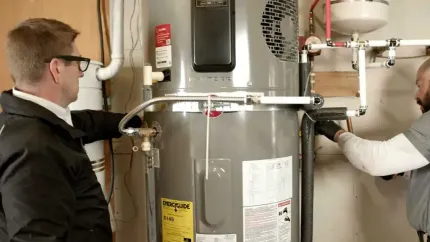 Two men are working on a water heater in a basement.