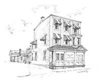 It is a black and white drawing of a house.