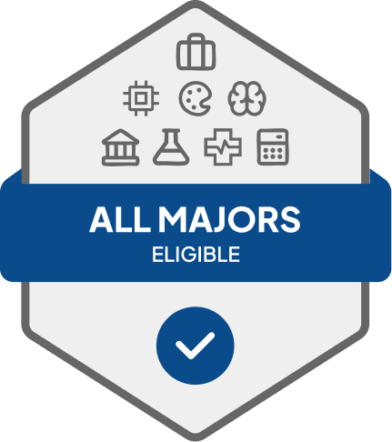 Badge with blue banner: 