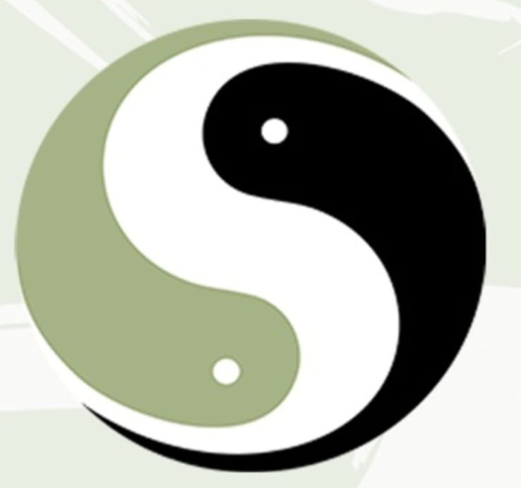 Símbolo do Yin e Yang: segmentos pretos e verdes girando em círculo, cada um com um ponto da cor do outro.