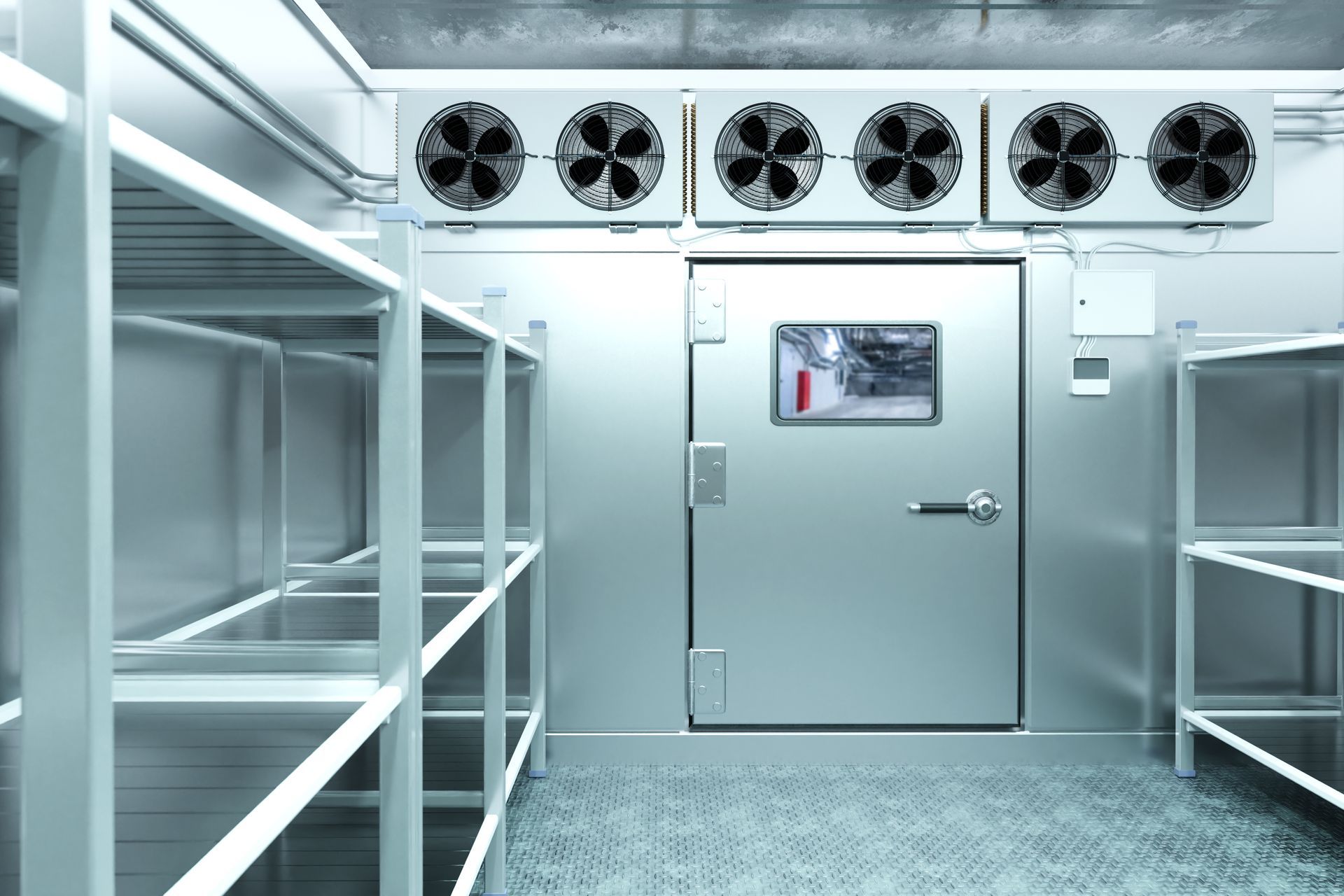 Interior of a walk-in freezer with metal shelves, a door with a window, and cooling units overhead.