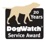DogWatch 20 Years Service Award logo featuring a tan dog silhouette on a black background.