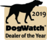 A DogWatch Dealer of the Year 2019 logo with a black silhouette of a dog on a tan background.