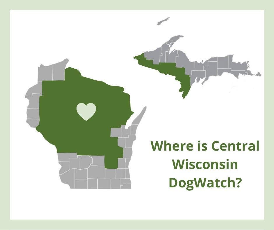 A map showing service areas in green across Wisconsin and Michigan's Upper Peninsula, with a heart in central Wisconsin.