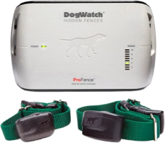 A dog watch hidden fence with two green collars