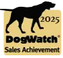 Tan square emblem featuring a black dog silhouette, the year 2025, and text: DogWatch Sales Achievement.