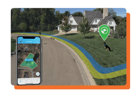 A smartphone displays a GPS map tracking a dog in a front yard marked by virtual yellow and blue boundary lines.