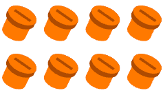 A row of orange containers with a hole in the middle on a white background.