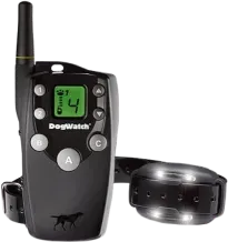 A dog watch hidden fence with a smart fence collar and a cell phone.