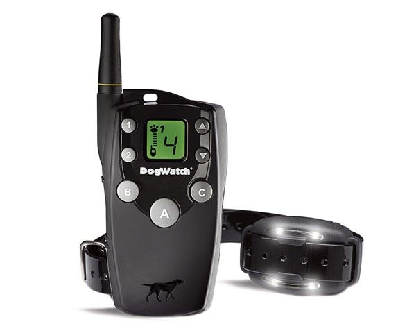 A dog collar with a remote control that says dogwatch on it