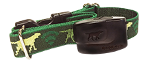 A green camouflage dog collar with a black buckle on a white background.
