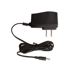 A black wall power adapter with a coiled power cord and a small cylindrical plug at the end.
