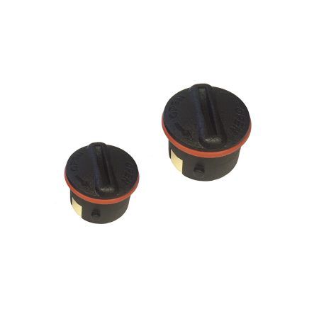 Two black caps with a red ring around them on a white background