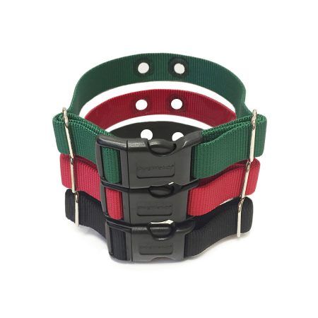 Three dog collars in green, red, and black, stacked vertically and featuring plastic quick-release buckles.