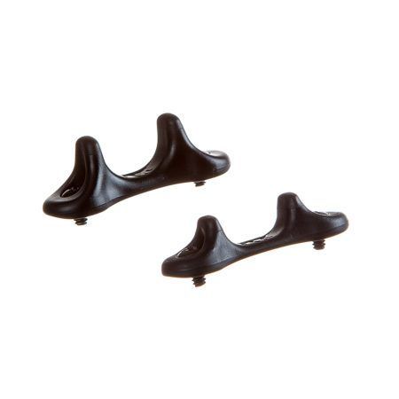 A pair of black plastic hooks on a white background.